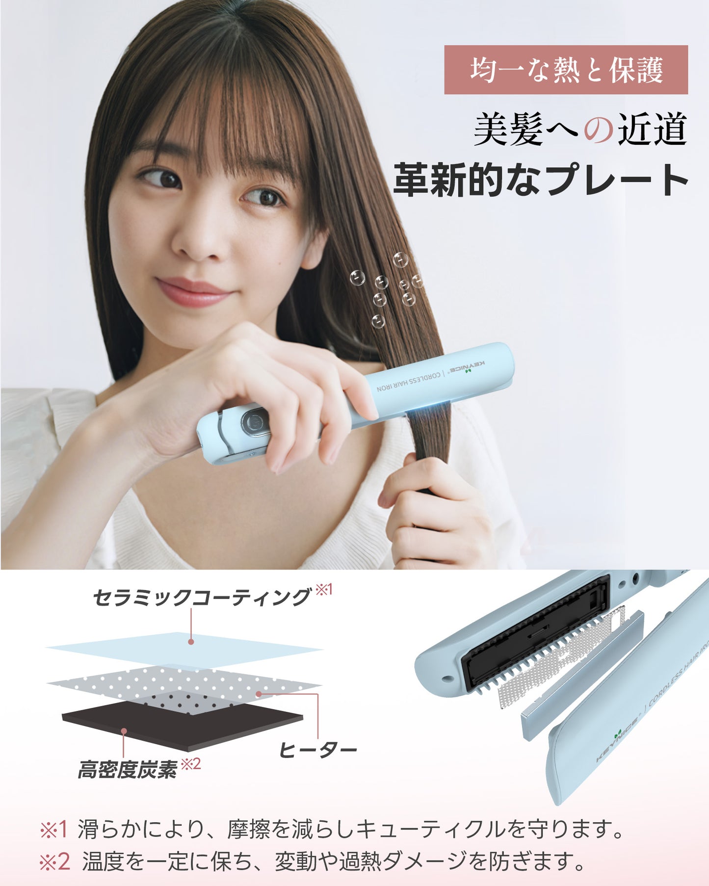 Keynice コードレスヘアアイロン マイナスイオン搭載 静電気抑制 ミニ ストレート&カール 2way メンズ対応 4800mAh 充電式 ワイヤレス コンパクト 携帯用 3段階温度調節 前髪用 収納ポーチ付き KN-2635