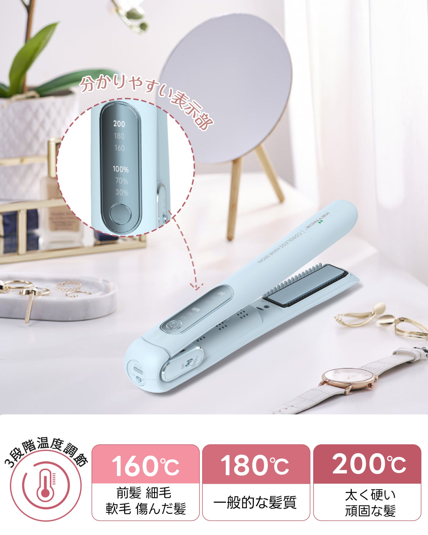 Keynice コードレスヘアアイロン マイナスイオン搭載 静電気抑制 ミニ ストレート&カール 2way メンズ対応 4800mAh 充電式 ワイヤレス コンパクト 携帯用 3段階温度調節 前髪用 収納ポーチ付き KN-2635