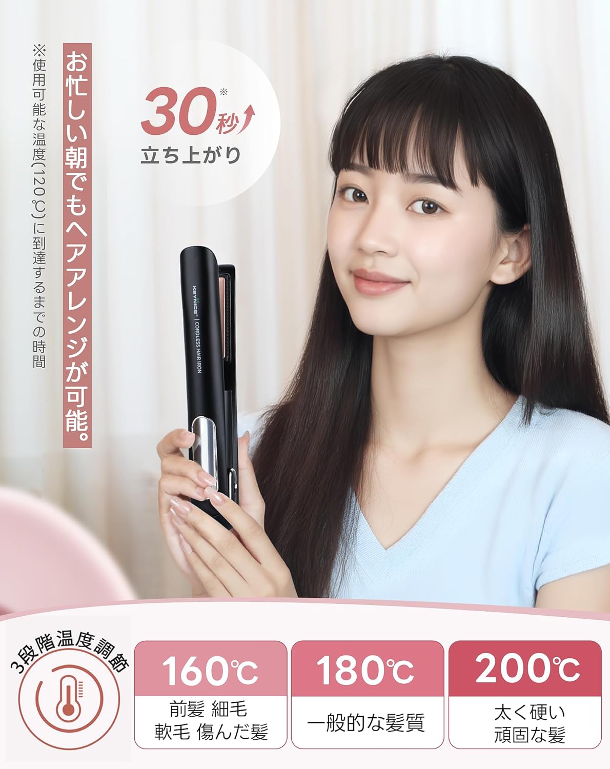 【美容師お勧め】Keynice コードレスヘアアイロン マイナスイオン搭載 静電気抑制 4800mAh ミニ ストレート カール メンズ 2way 充電式 持ち運び 3段階温度調節 コンパクト ワイヤレス ポーチ付き ブラックKN-2635