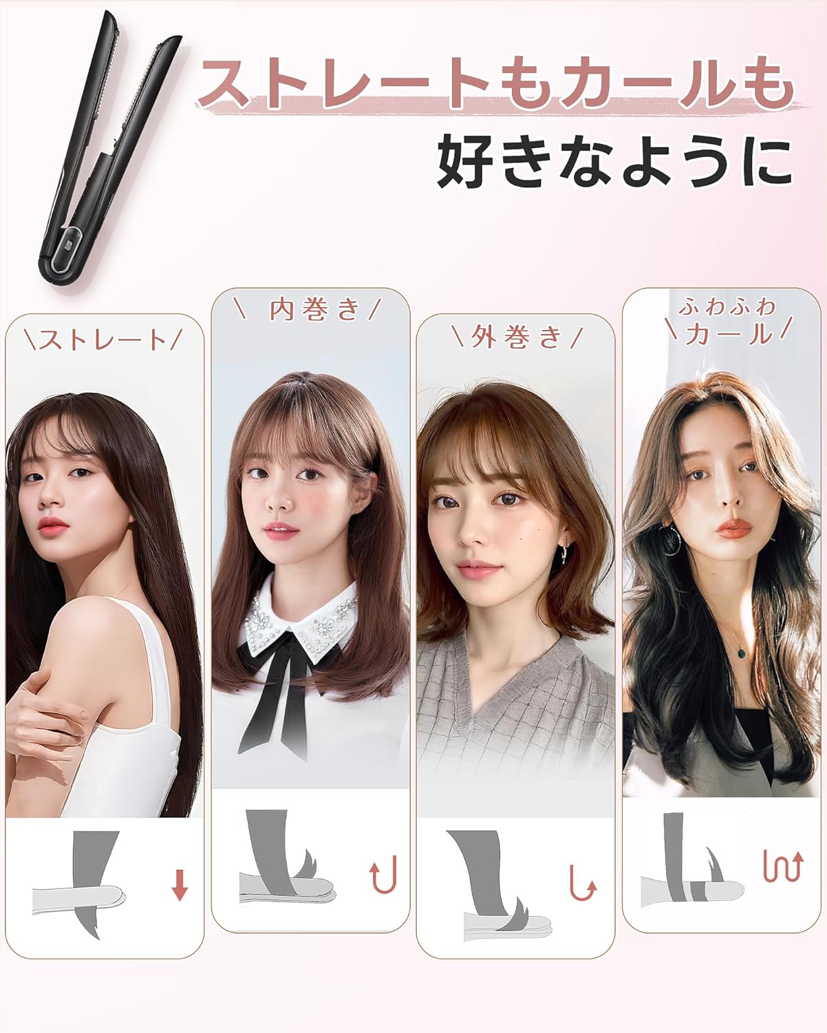 【美容師お勧め】Keynice コードレスヘアアイロン マイナスイオン搭載 静電気抑制 4800mAh ミニ ストレート カール メンズ 2way 充電式 持ち運び 3段階温度調節 コンパクト ワイヤレス ポーチ付き ブラックKN-2635