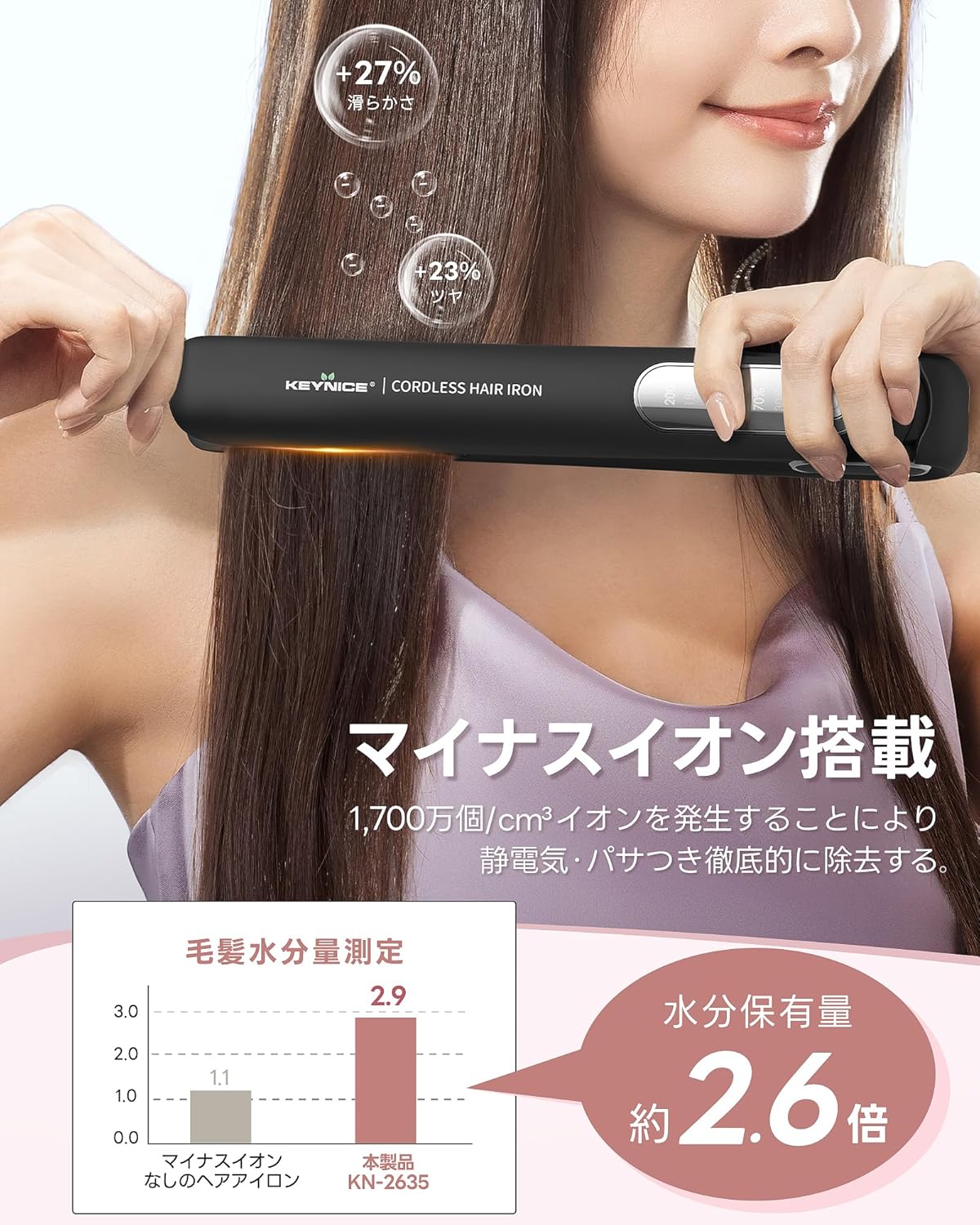 【美容師お勧め】Keynice コードレスヘアアイロン マイナスイオン搭載 静電気抑制 4800mAh ミニ ストレート カール メンズ 2way 充電式 持ち運び 3段階温度調節 コンパクト ワイヤレス ポーチ付き ブラックKN-2635