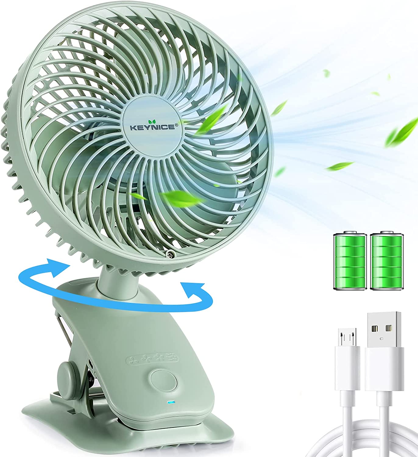 Clip and tabletop fan, oscillating, rechargeable, 3 airflow levels + rhythm, quiet, 16cm, wall-mountable, quiet KN-618