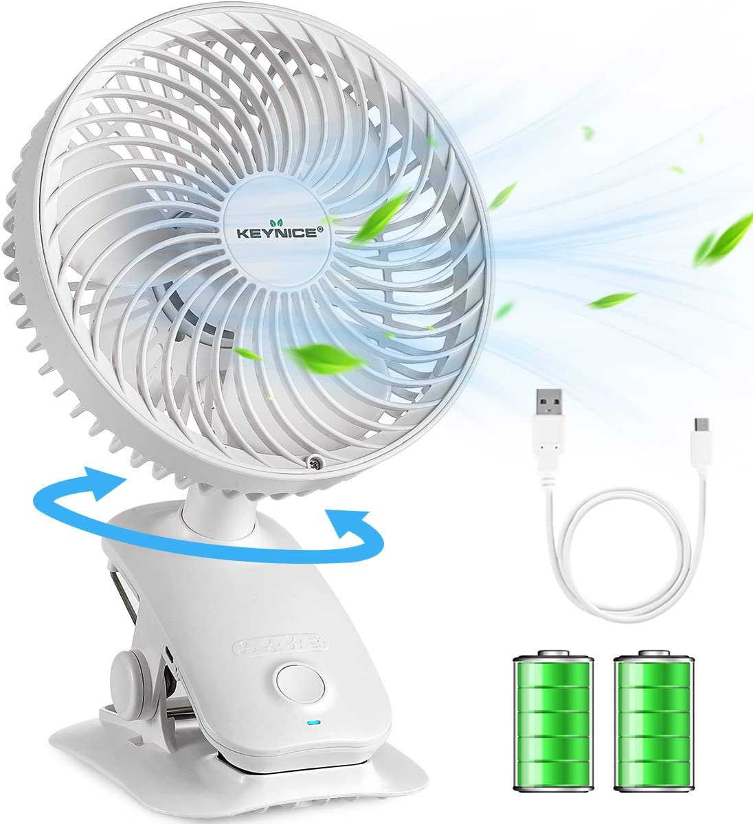 Clip and tabletop fan, oscillating, rechargeable, 3 airflow levels + rhythm, quiet, 16cm, wall-mountable, quiet KN-618