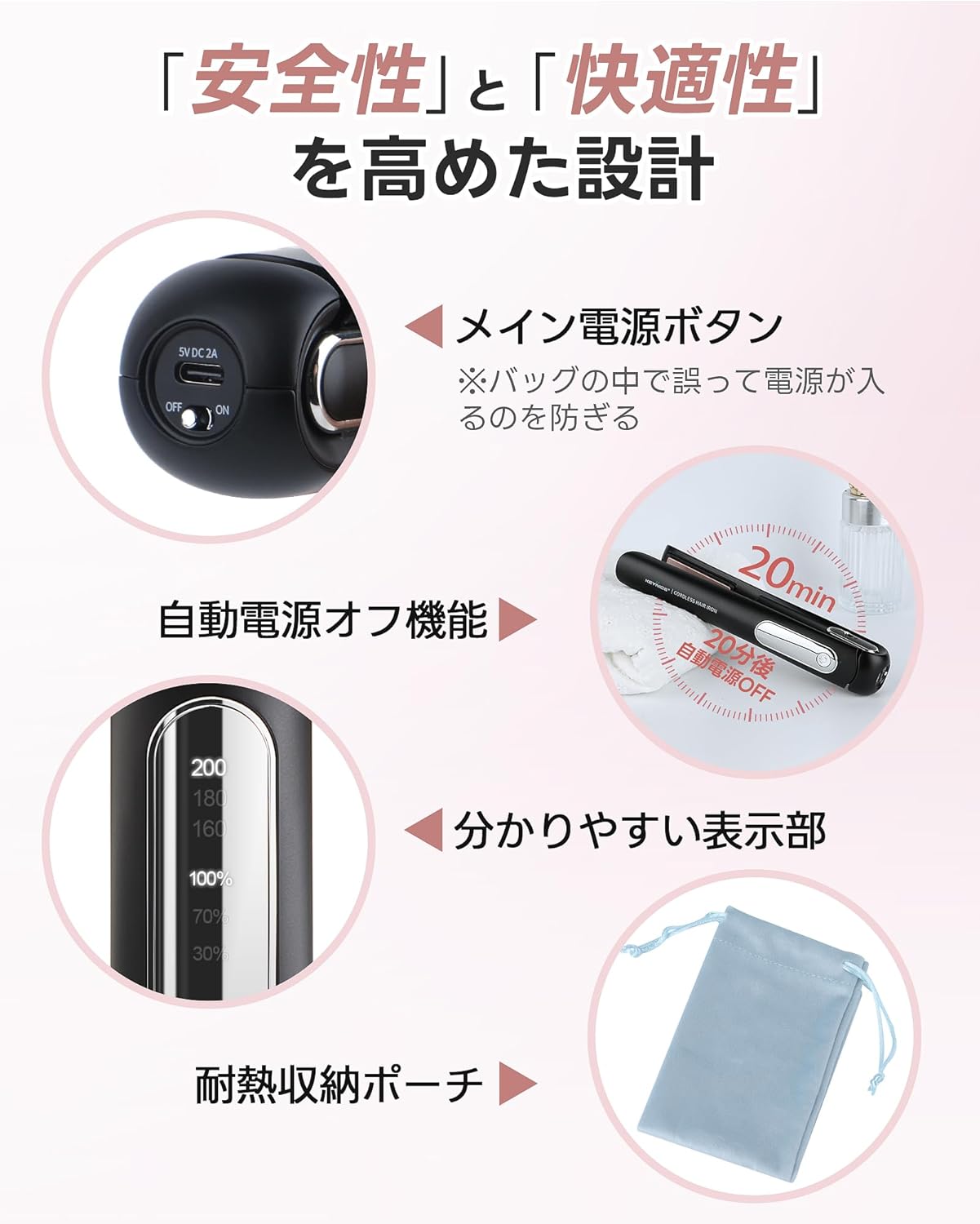 【美容師お勧め】Keynice コードレスヘアアイロン マイナスイオン搭載 静電気抑制 4800mAh ミニ ストレート カール メンズ 2way 充電式 持ち運び 3段階温度調節 コンパクト ワイヤレス ポーチ付き ブラックKN-2635