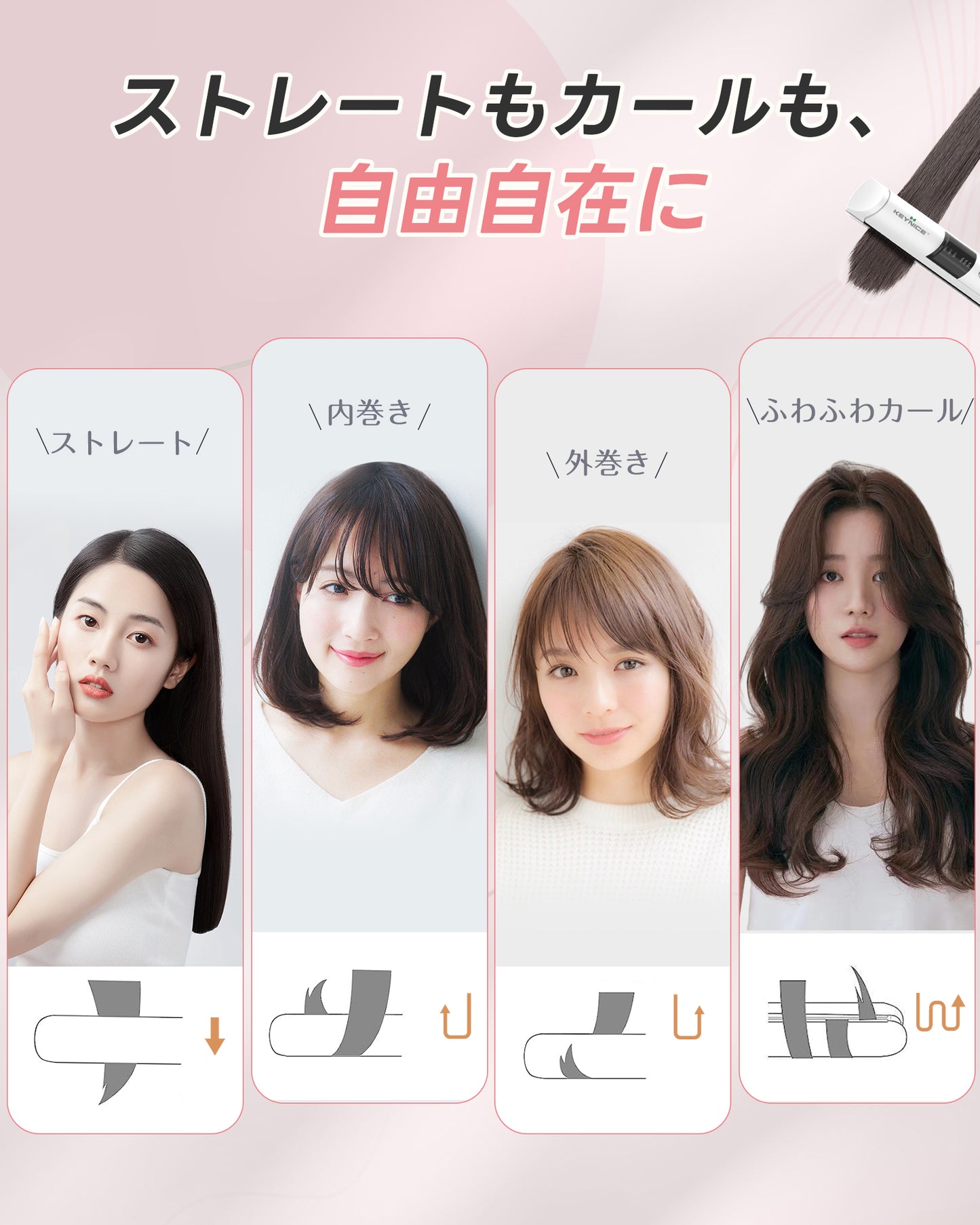 KEYNICE コードレス ヘアアイロン 2WAY ストレート カール ミニ コンパクト USB充電式 クッションプレート 前髪 持ち運び 旅行 KN-2606