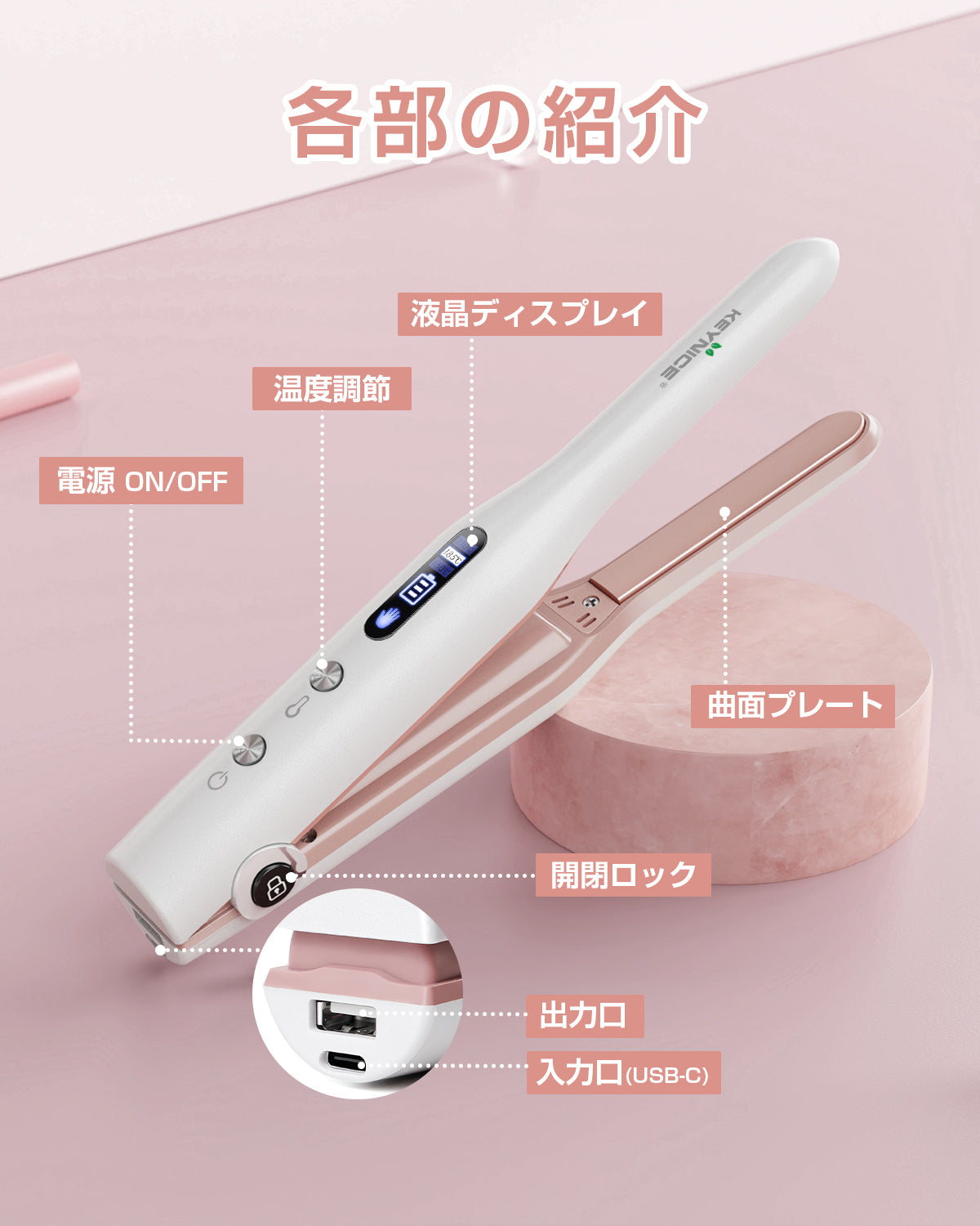 コードレス ヘアストレートナー KN-2609 各部の紹介