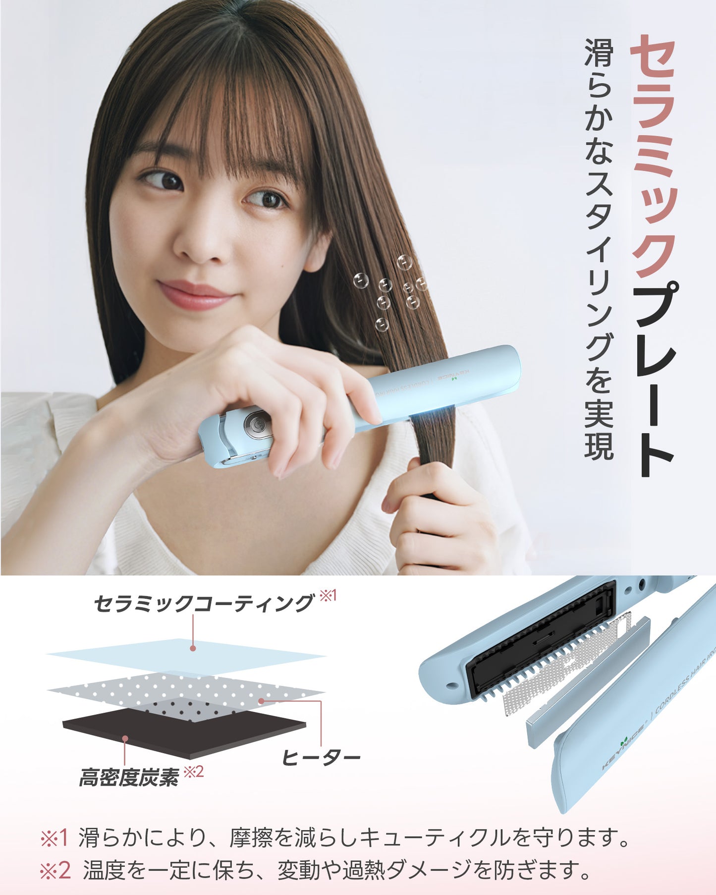 【雑誌Poco'ce掲載】コードレス ヘアアイロン マイナスイオン 2way ストレート カール ミニ コンパクト 持ち運び USB充電式 前髪 男女兼用 KN-2635 ブルー