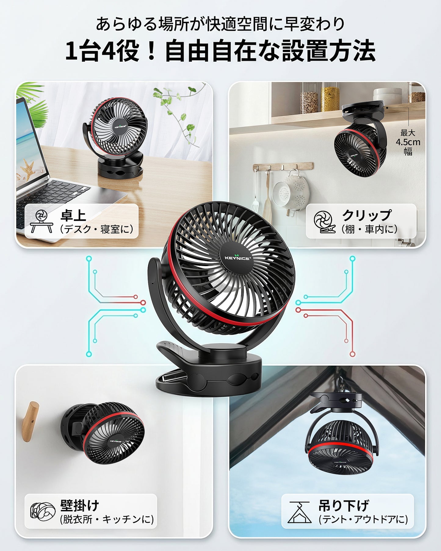 KEYNICE 卓上扇風機 クリップ USB充電式 7000mAh 大容量 コードレス LEDライト付き 4WAY 静音 小型 キャンプ 防災 車中泊 KN-871