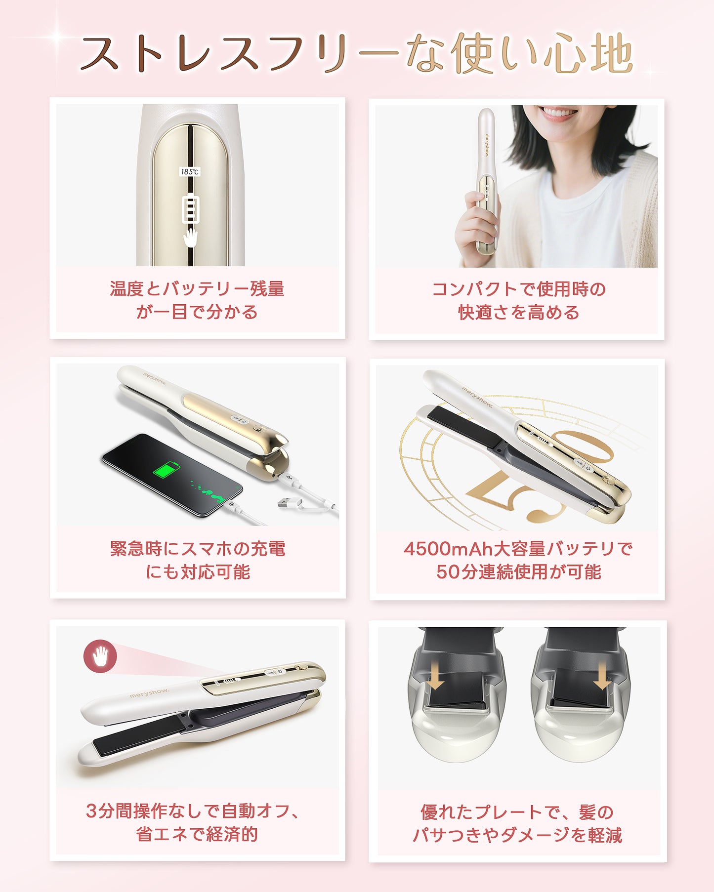 【充電式/機内持ち込み可】コードレスヘアアイロン MS2612｜脱着式バッテリー・海外電圧対応｜3段階温度調節(160℃/180℃/200℃)｜急速加熱｜コンパクト設計｜旅行・外出用｜前髪ケア｜全髪質対応｜男女兼用