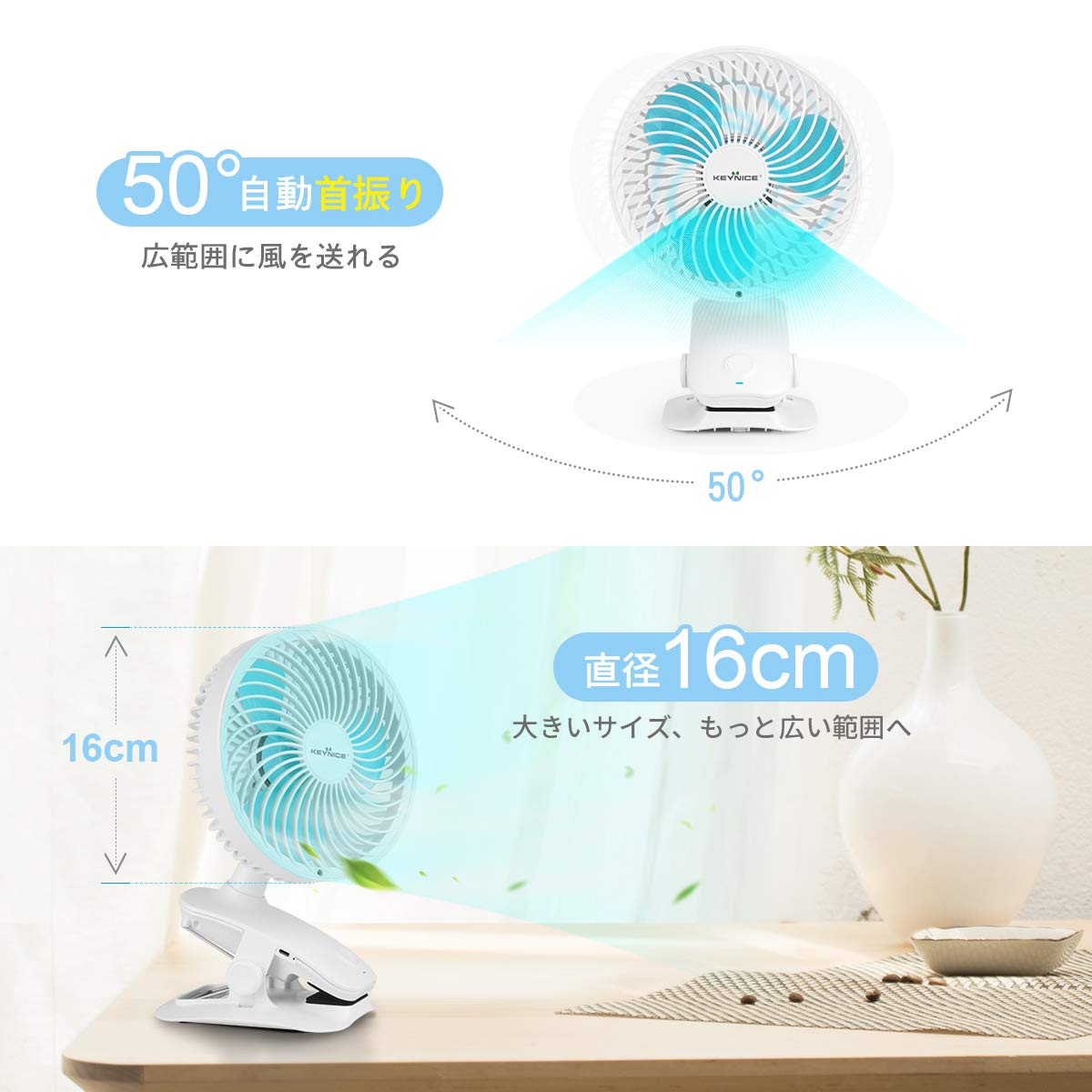 卓上とクリップ扇風機 首振り 充電式 風量3段階+リズム 静音 KN-618