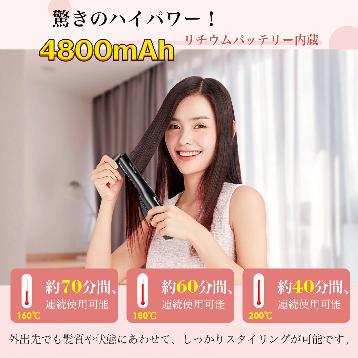 ヘアアイロン コードレス 2Way 温度3段階設定可 ミニ 男女兼用  ポーチ付き KN-2626